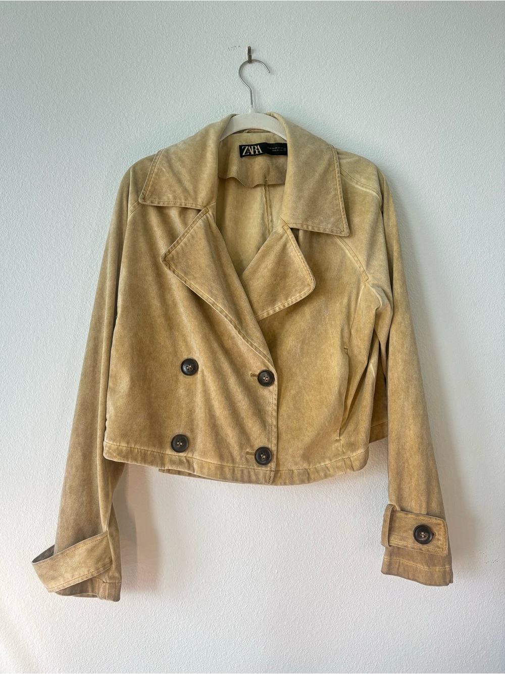 Zara Cropped Double-Breasted Suede-Look Pea Coat in Tan